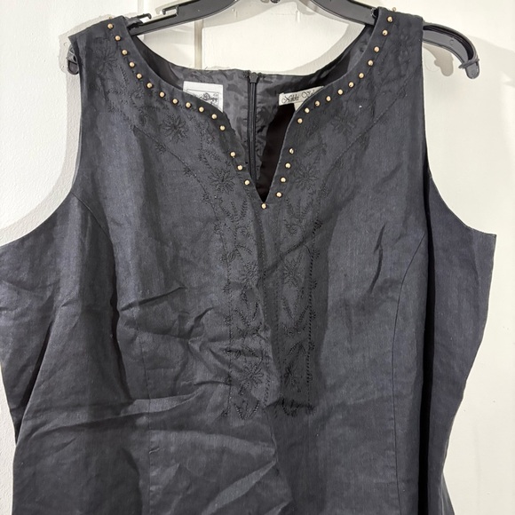 Nikki Valenti 100% Irish Linen Midi Dress Sz 20 Black Embroidered Sleeveless - Picture 2 of 14
